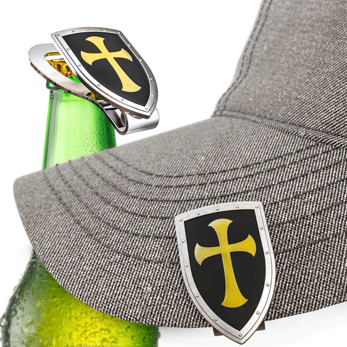 Shield and Cross Hat Clip Bottle Opener - Armor of God Design for Christians & Catholics