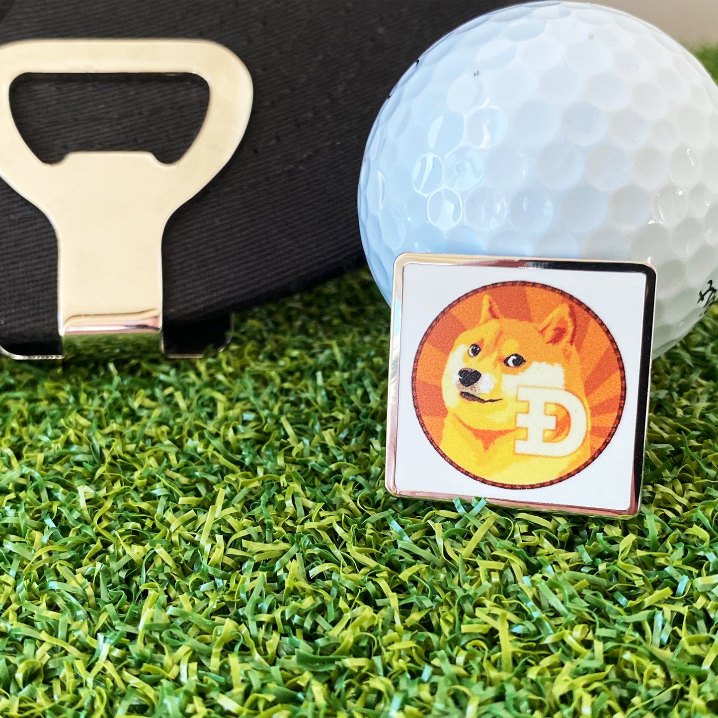 Dogecoin Hat Clip Bottle Opener with Ball Marker – Square Ball Marker for Golfers, Shotgun Tool & Hilarious Crypto Gift – Much Wow, So Golf