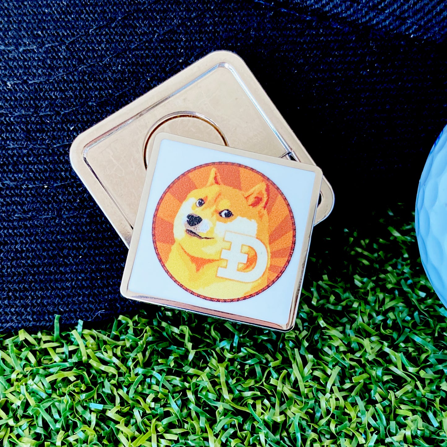 Dogecoin Hat Clip Bottle Opener with Ball Marker – Square Ball Marker for Golfers, Shotgun Tool & Hilarious Crypto Gift – Much Wow, So Golf