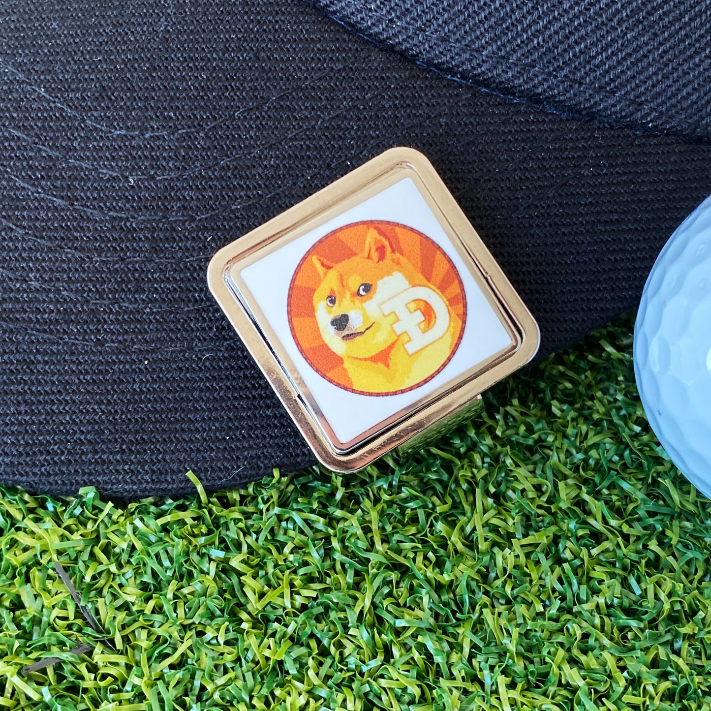 Dogecoin Hat Clip Bottle Opener with Ball Marker – Square Ball Marker for Golfers, Shotgun Tool & Hilarious Crypto Gift – Much Wow, So Golf