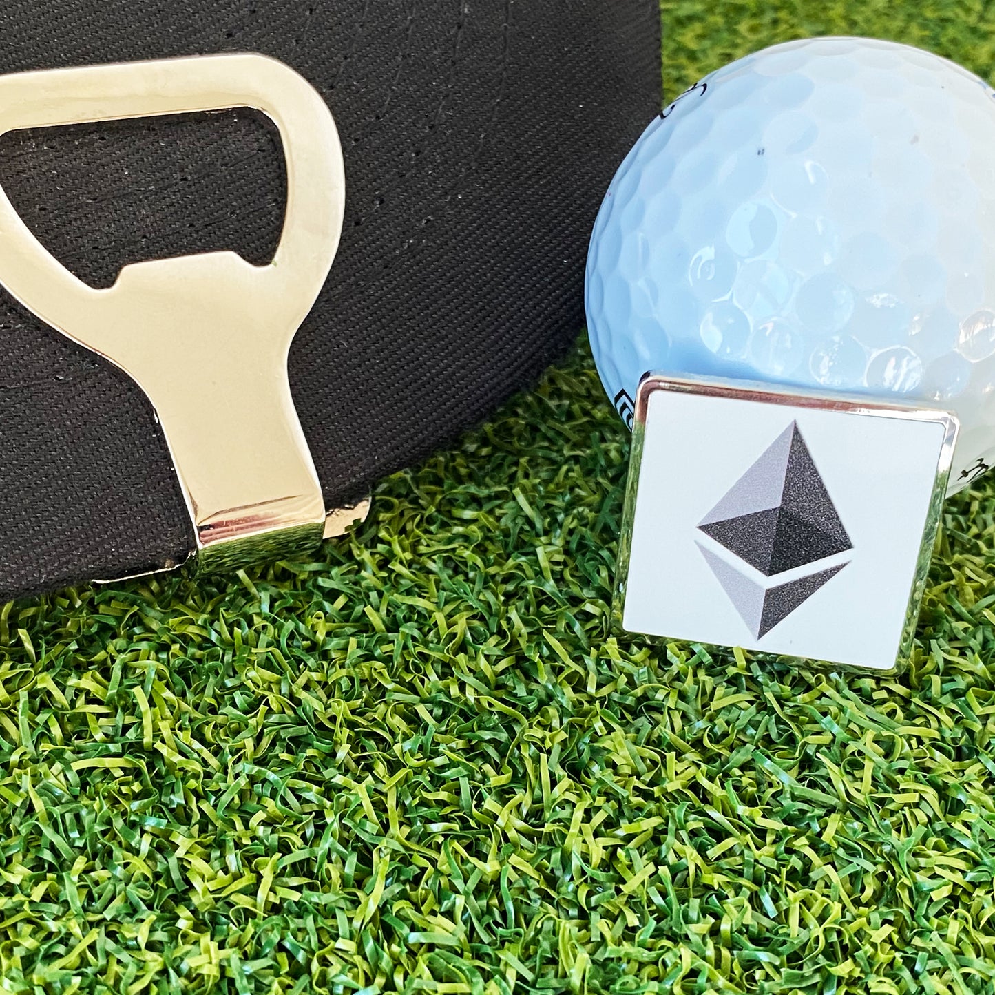 Ethereum Ball Marker Hat Clip Bottle Opener β Square Ball Marker for Golfers, Shotgun Tool & Stylish Crypto Gift