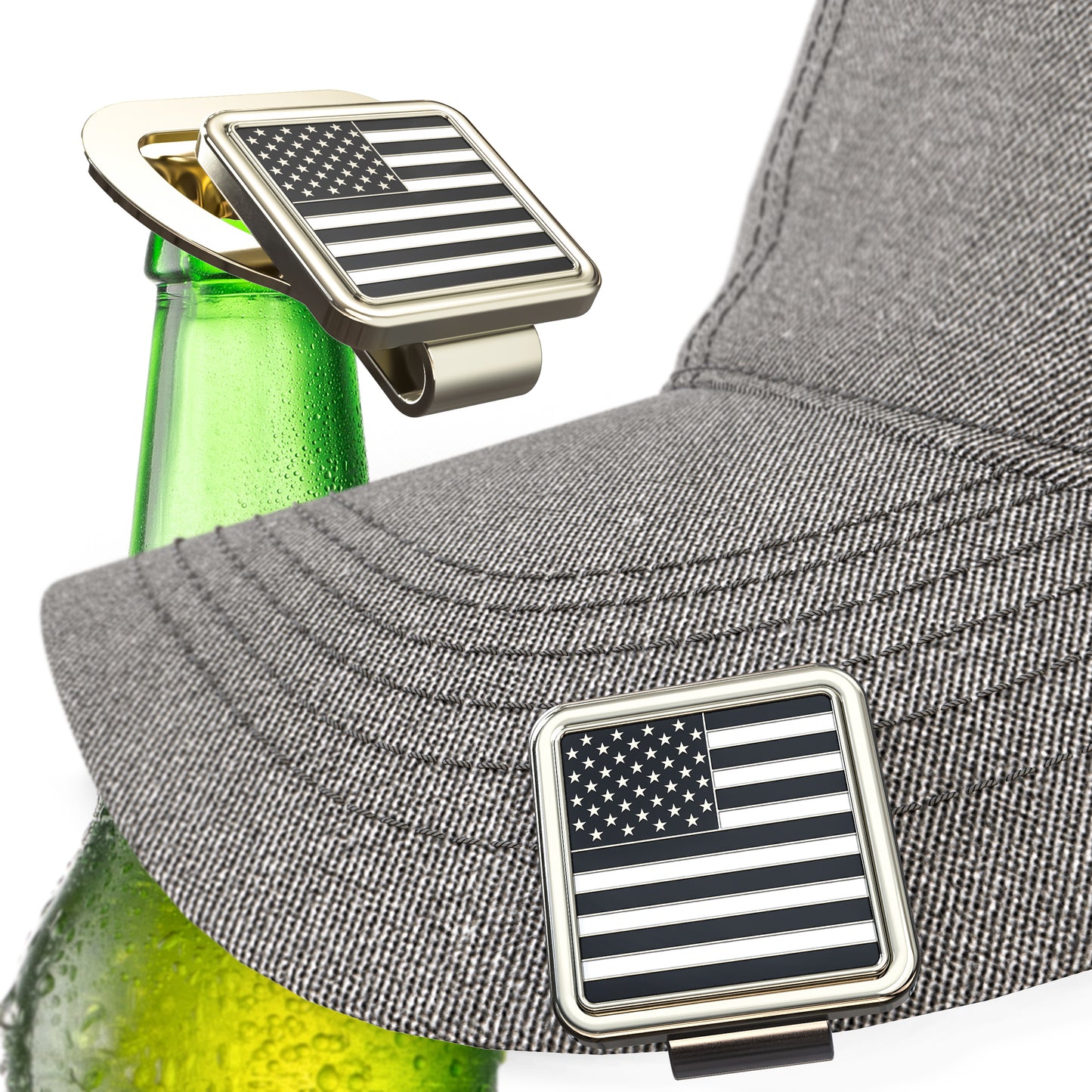 Silver & Black, USA Flag Golf Ball Marker & Hat Clip Bottle Opener